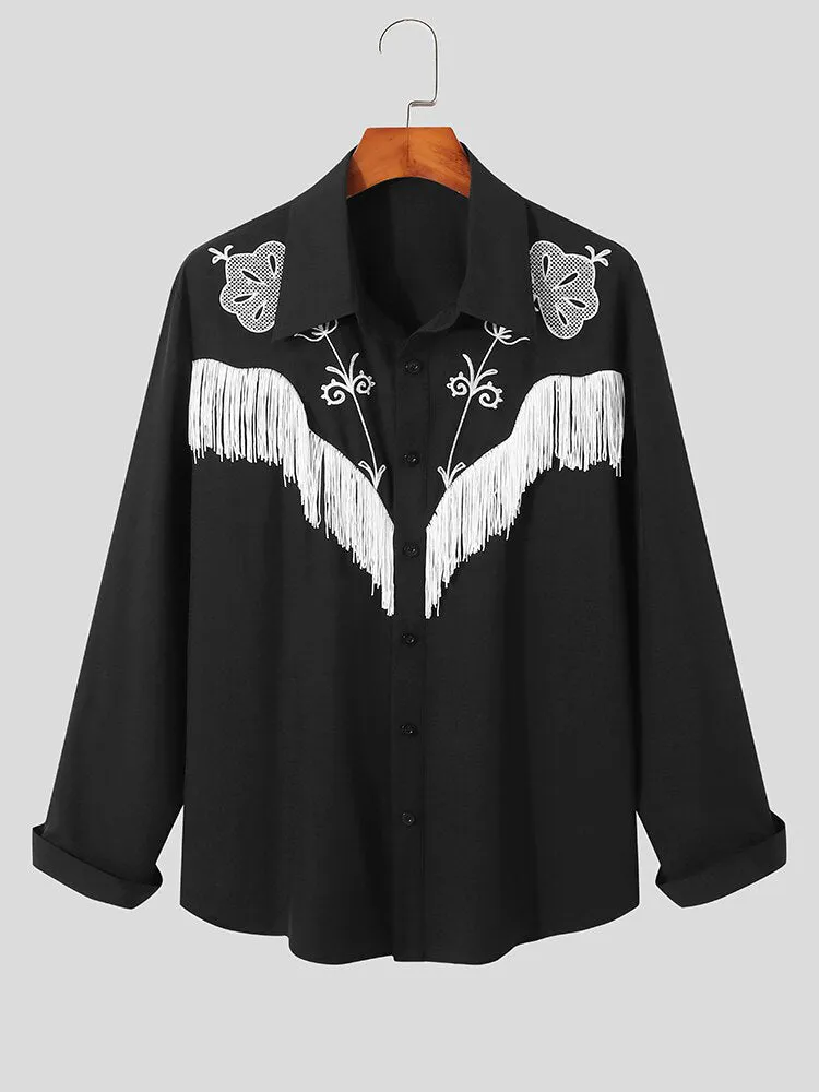 2023 Men Shirt Embroidered Tassel Patchwork Lapel Long Sleeve Fashion Camisa Streetwear Button Casual Men Clothing S-5XL