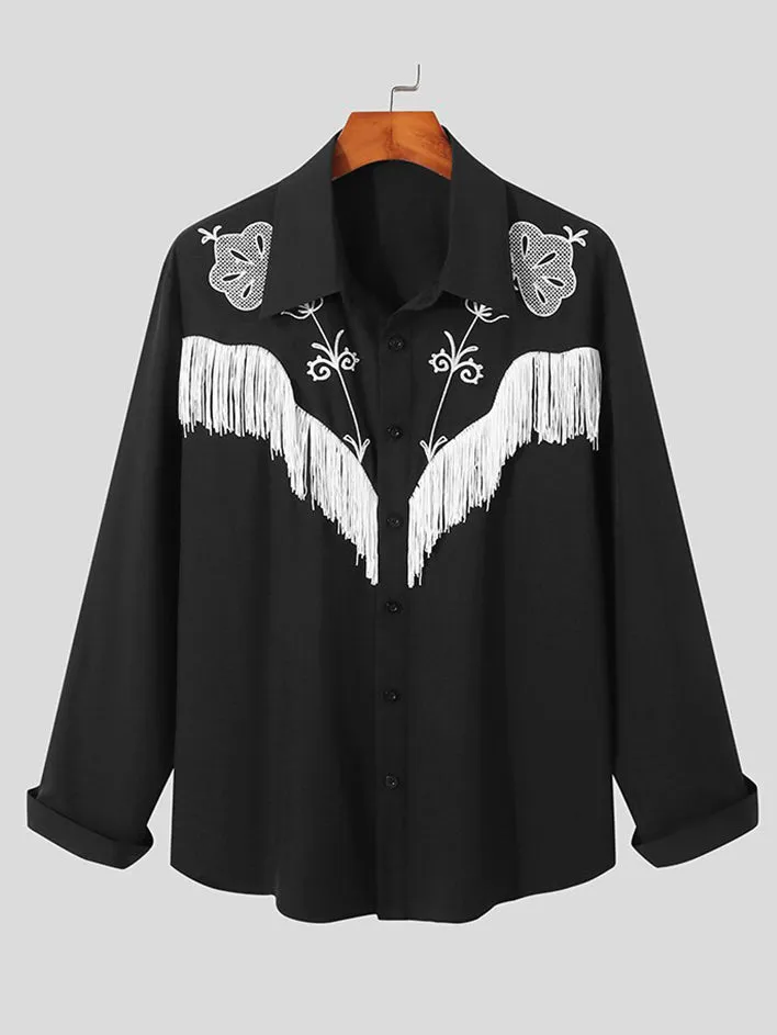 2023 Men Shirt Embroidered Tassel Patchwork Lapel Long Sleeve Fashion Camisa Streetwear Button Casual Men Clothing S-5XL