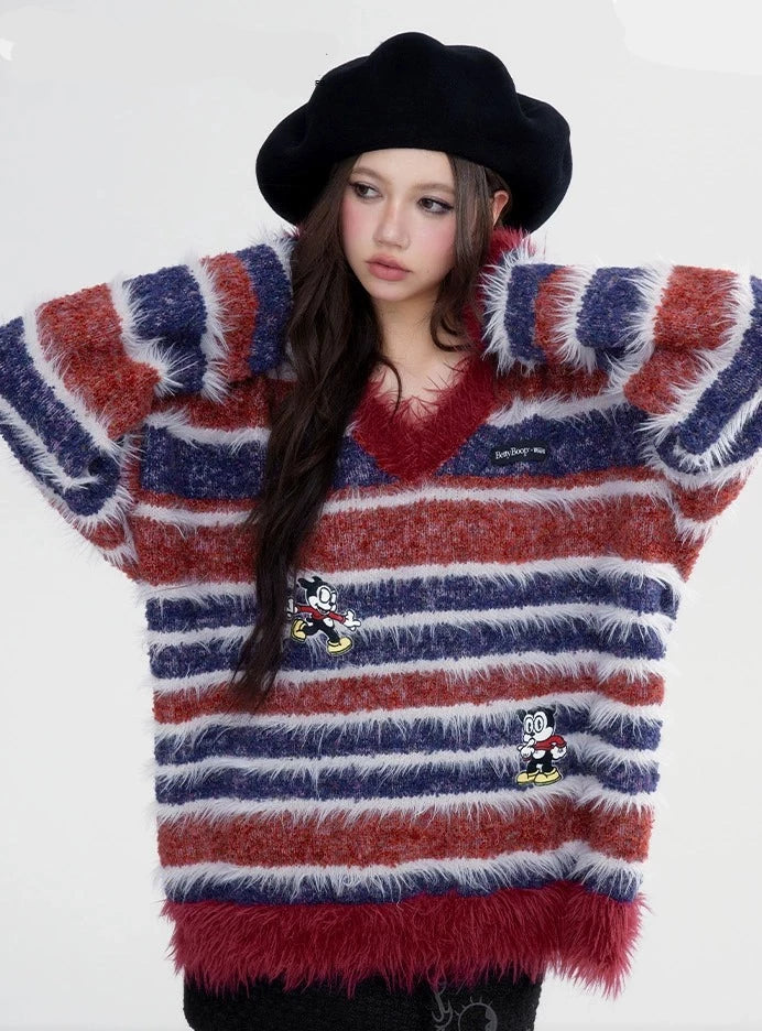 2024 Spring new retro sweet and spicy striped loose V-neck sweater for women