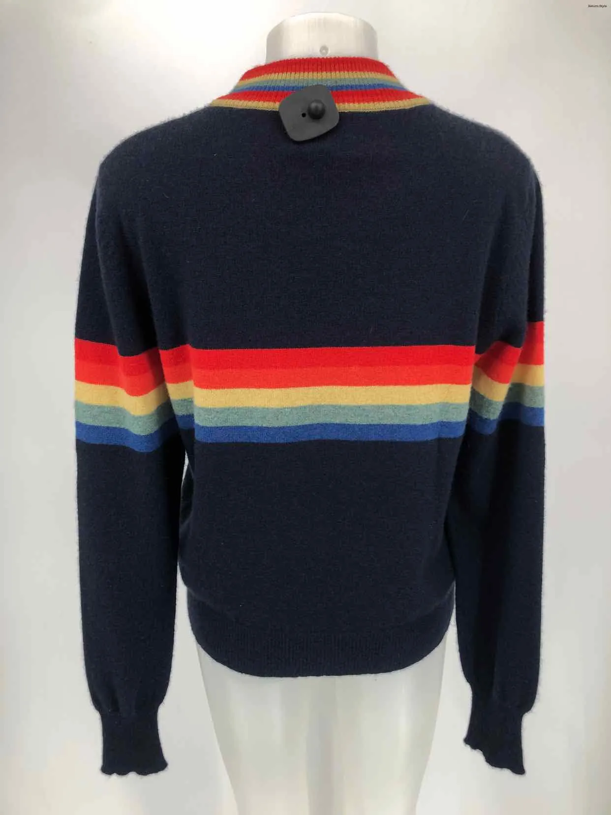 27 MILES MALIBU Navy Rainbow Cashmere Stripe Trim Size LARGE  (L) Sweater