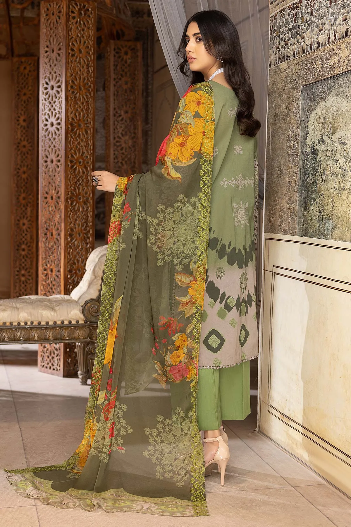 3-Pc Charizma Unstitched Lawn Suit With Embroidered Chiffon Dupatta CC23-13