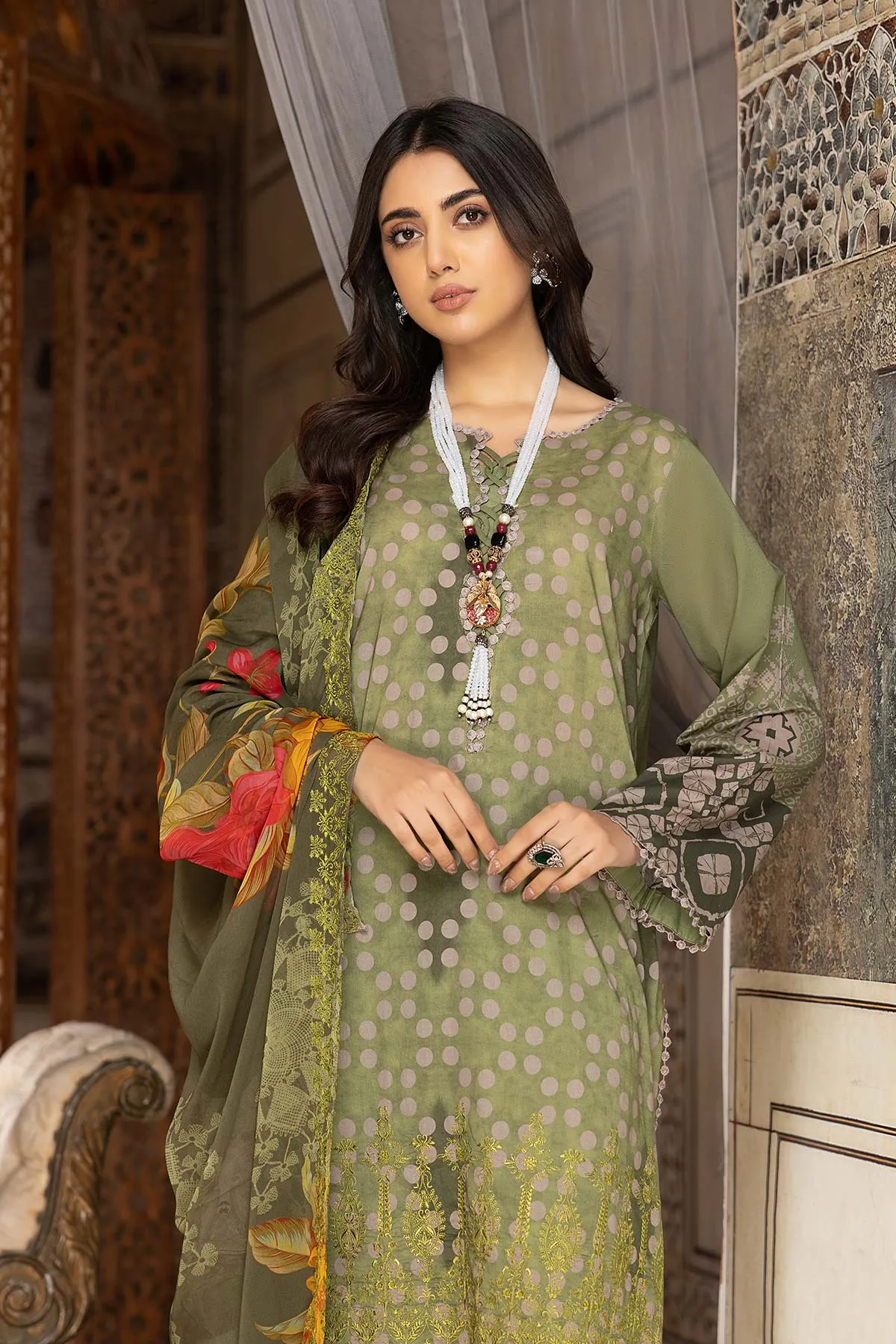 3-Pc Charizma Unstitched Lawn Suit With Embroidered Chiffon Dupatta CC23-13