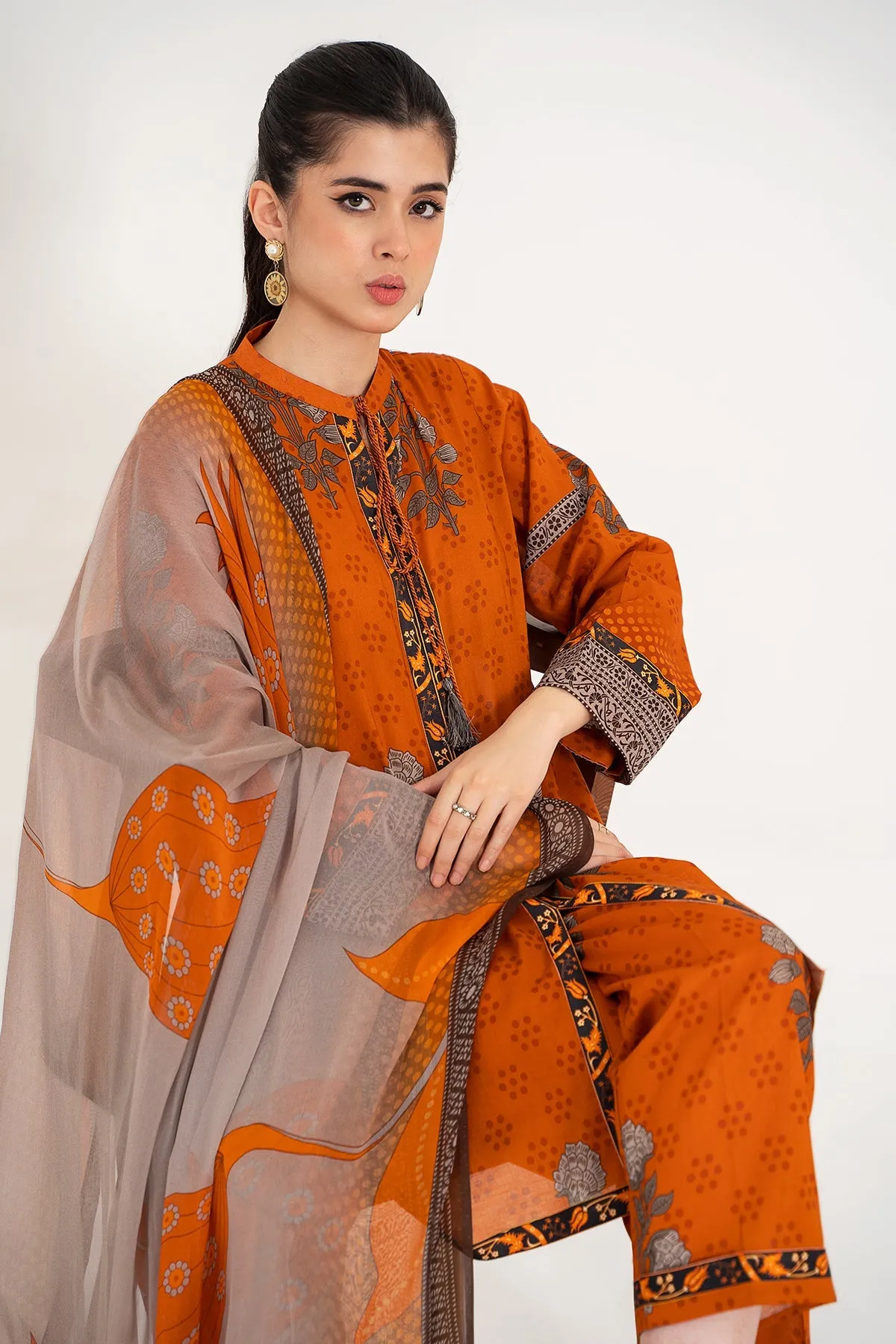 3-PC Unstitched Printed Lawn Shirt with Chiffon Dupatta and Trouser CPS4-09