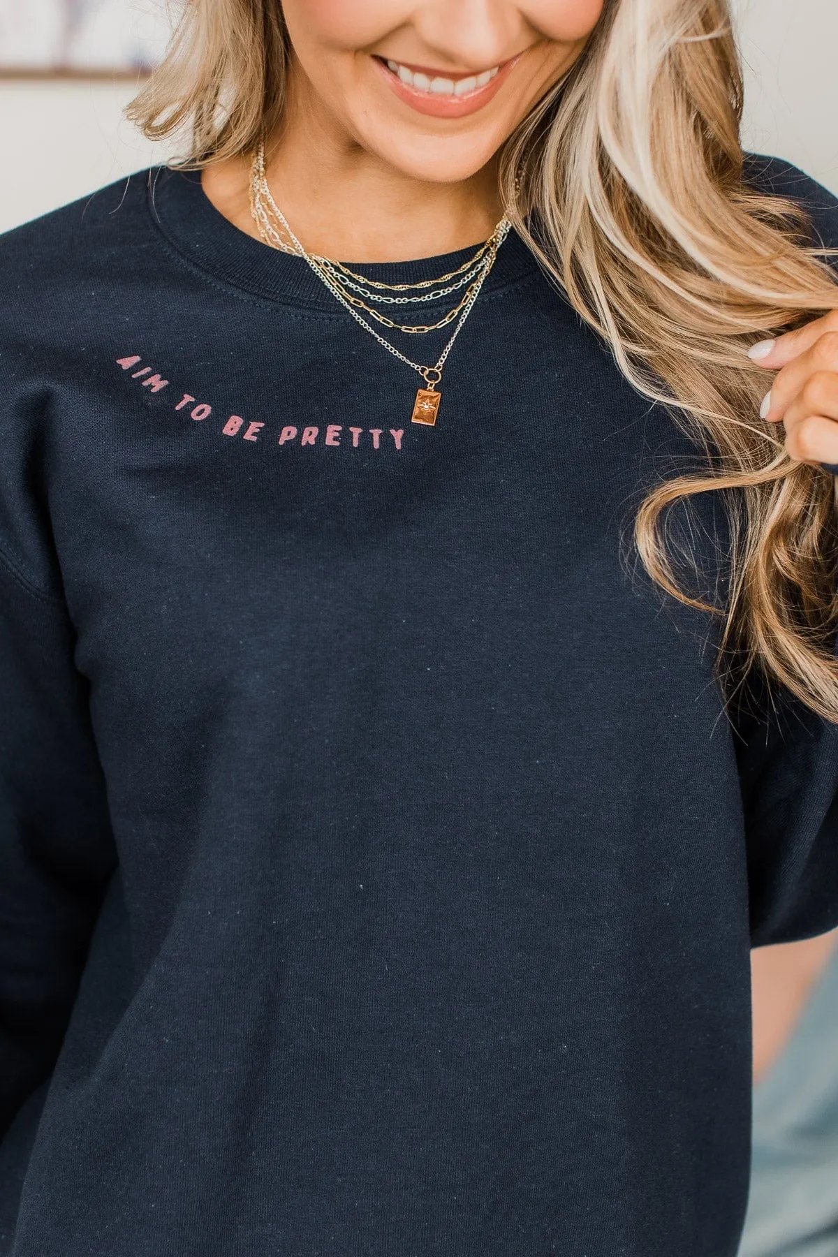 Aim To Be Pretty Crew Neck Pullover- Navy