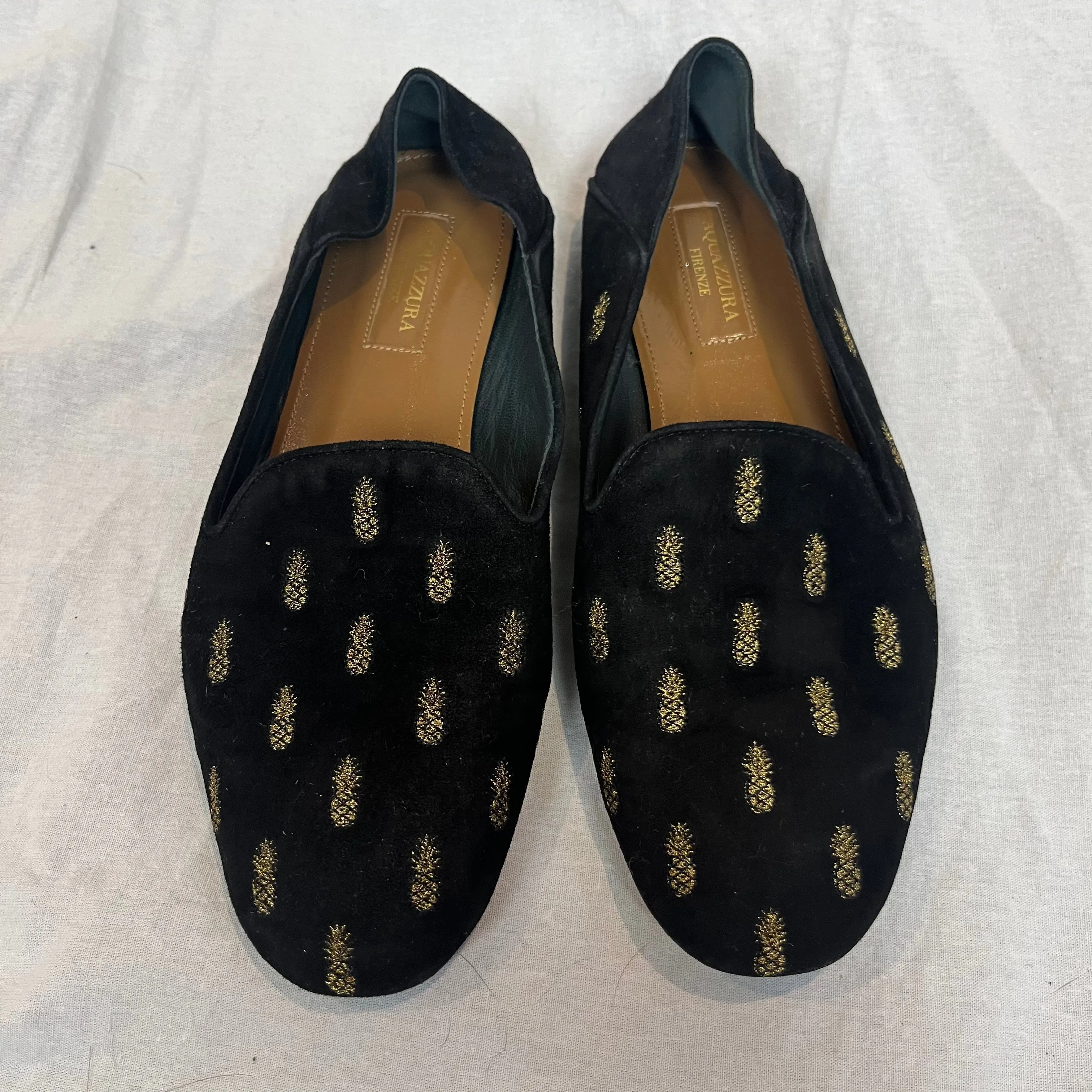 Aquazzura Black Suede Pineapple Embroidered Flats 37