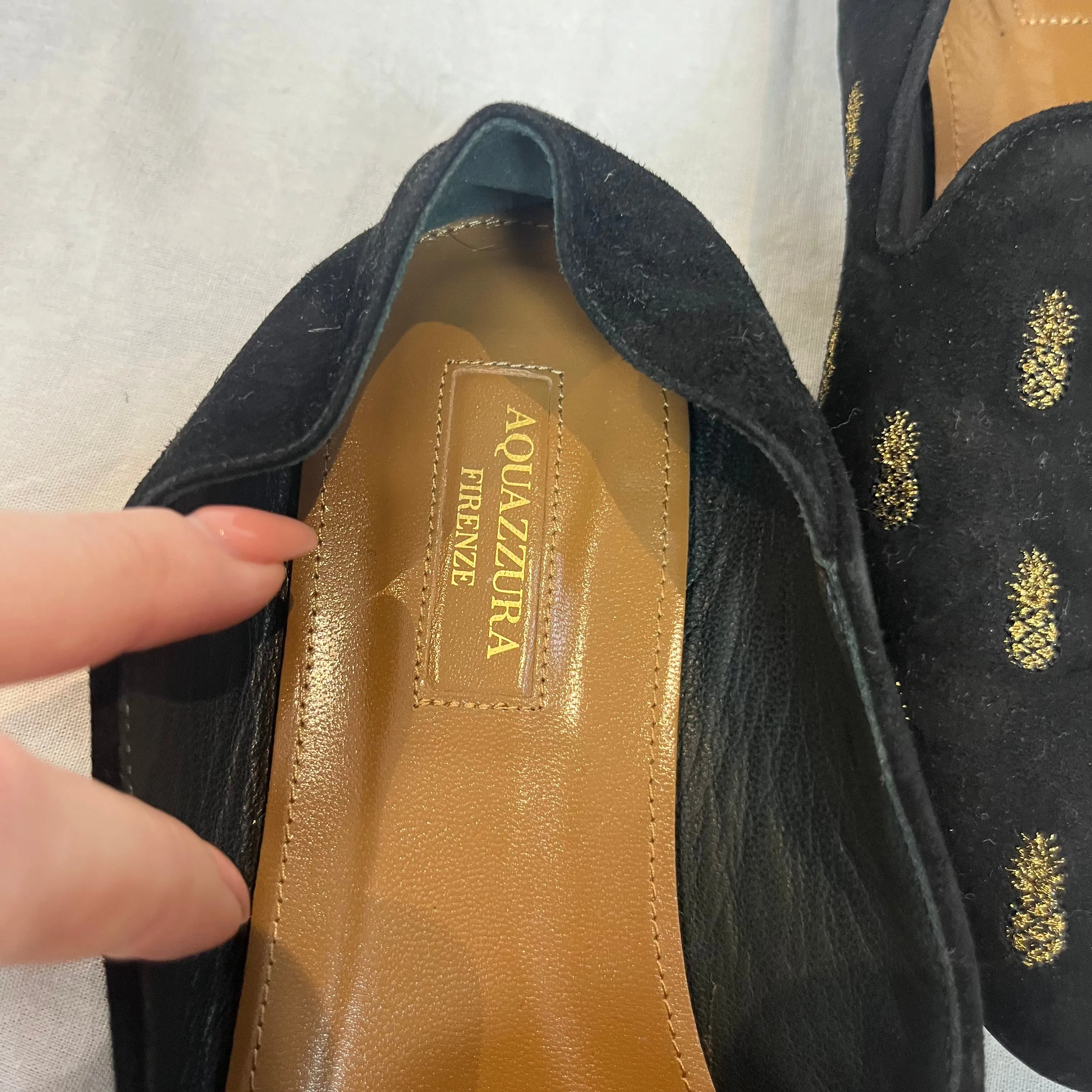 Aquazzura Black Suede Pineapple Embroidered Flats 37