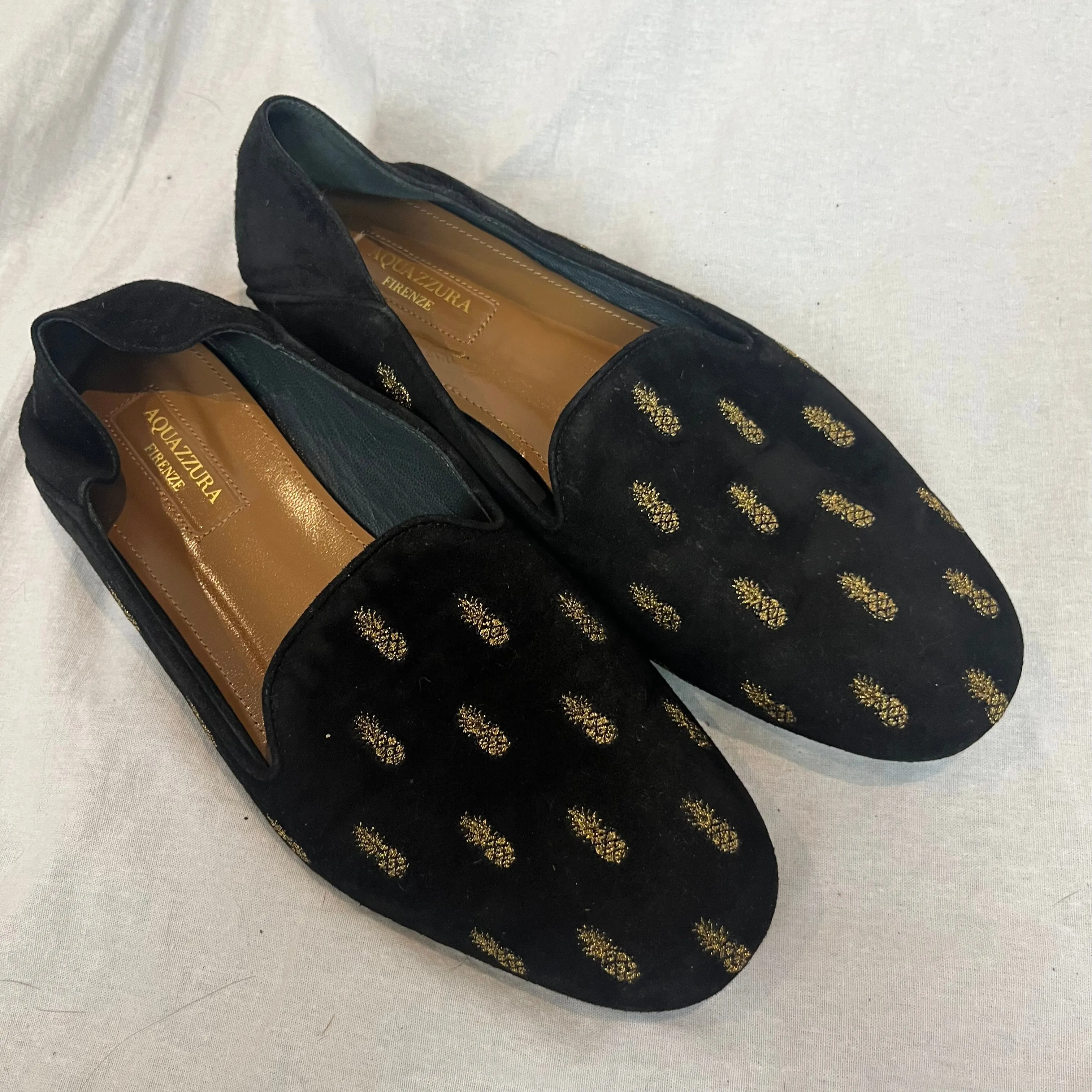 Aquazzura Black Suede Pineapple Embroidered Flats 37