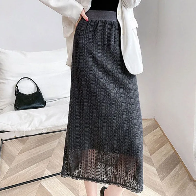 Autumn Women Lace Elastic High Waist Elegant Bodycon Straight Knit Skirts