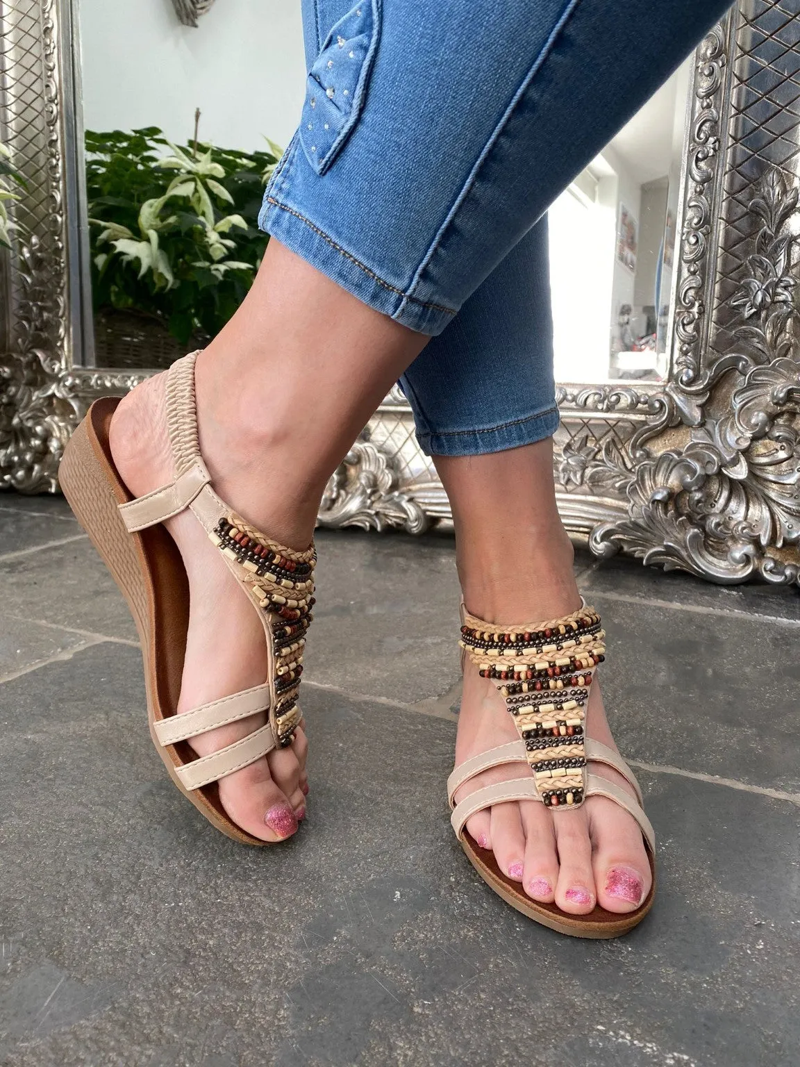 Beaded Wedge Sandals