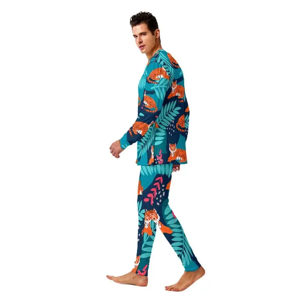 Blue Mens Tiger Print Pajamas