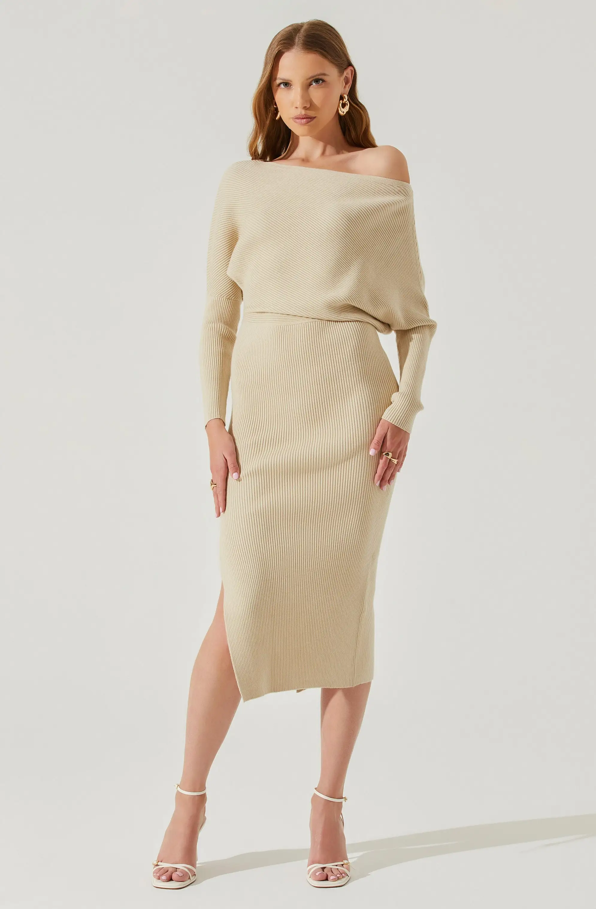 Caris Ribbed Off Shoulder Midi Sweater Dress