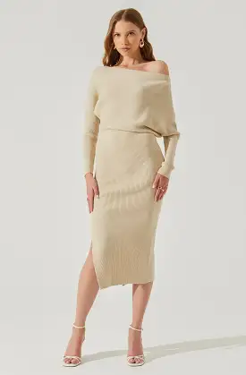 Caris Ribbed Off Shoulder Midi Sweater Dress