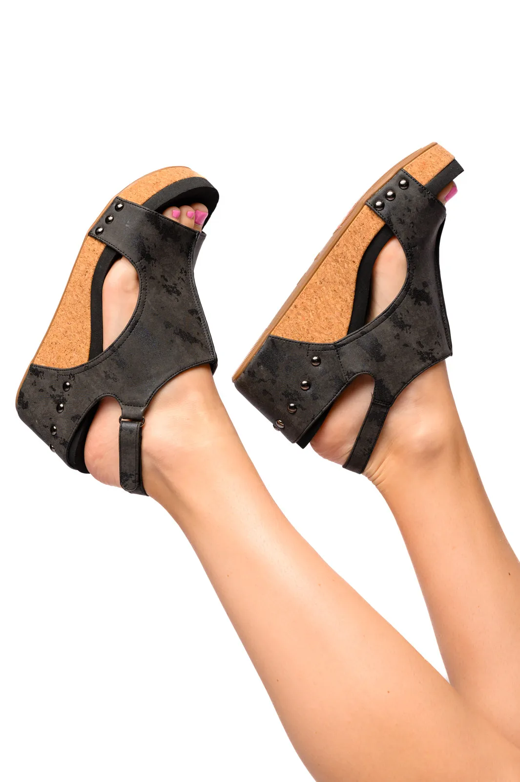 Carley Wedge Sandals in Black Metallic Corkys