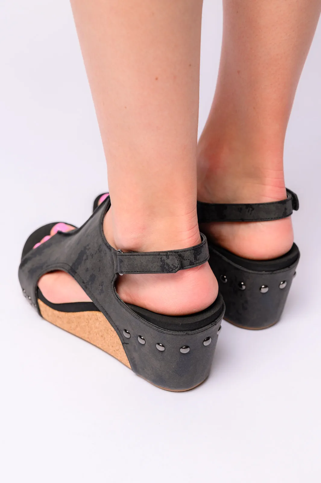 Carley Wedge Sandals in Black Metallic Corkys