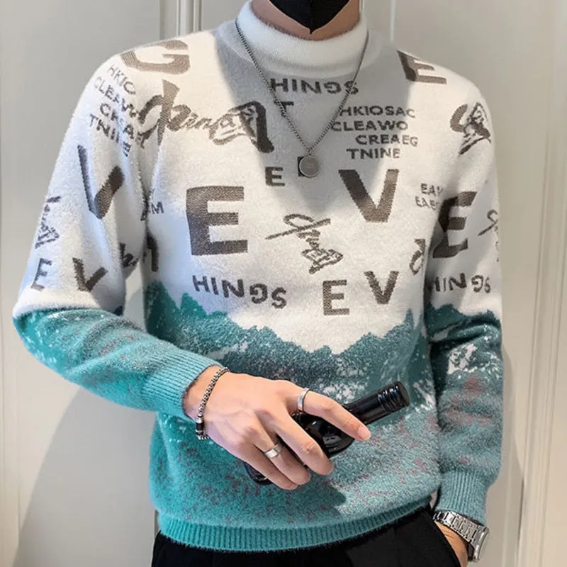 Casual Style Half High Neck Letter Printed Pattern Knitted Pullover for Men