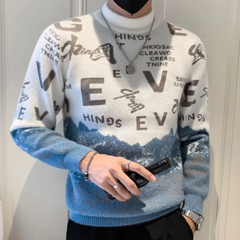 Casual Style Half High Neck Letter Printed Pattern Knitted Pullover for Men