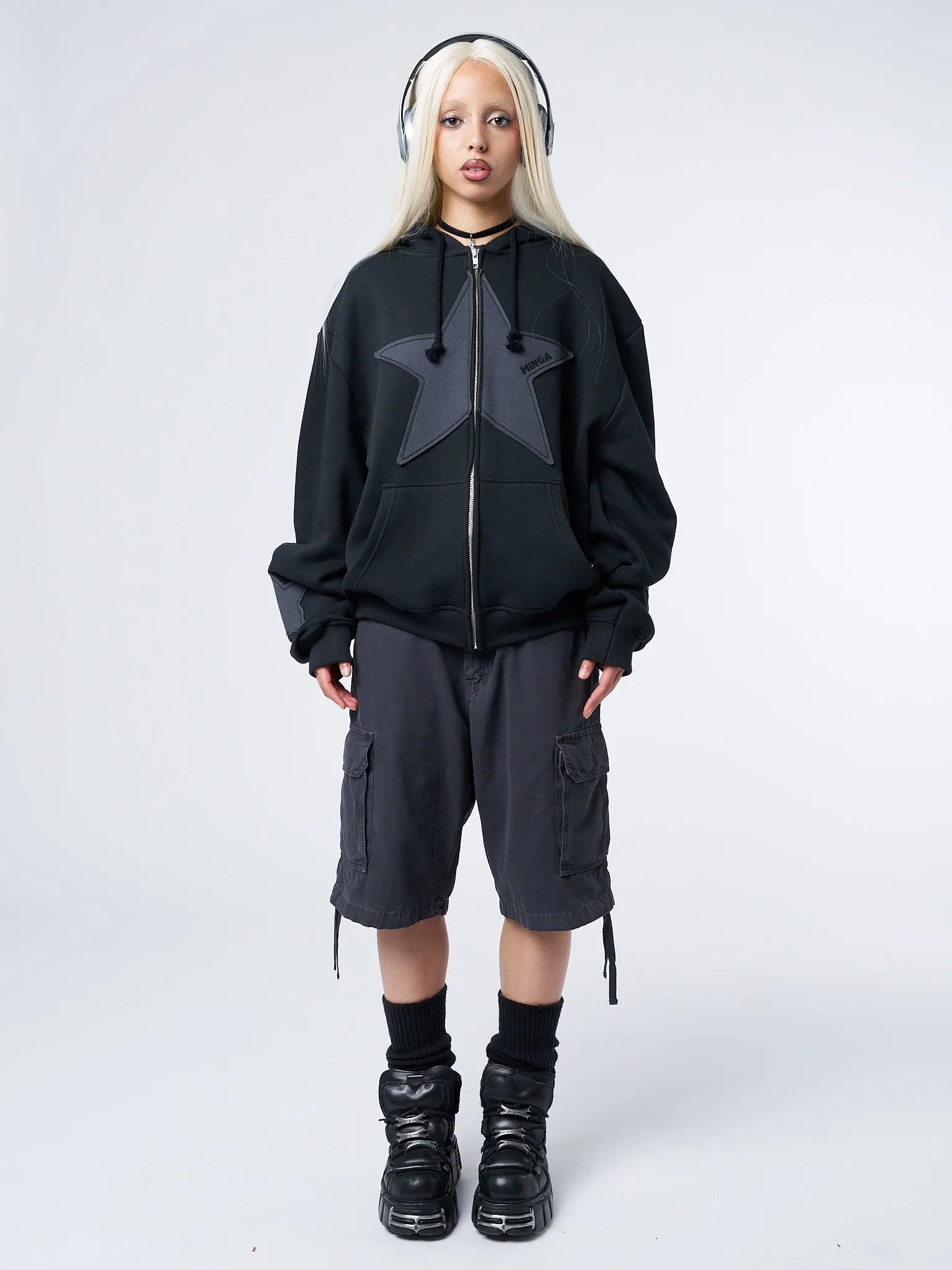 Celeste Star Oversized Black Zip Up Hoodie