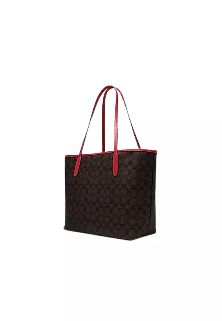 Coach Coach Signature City 5696 Tote Bag In Brown 1941 Red