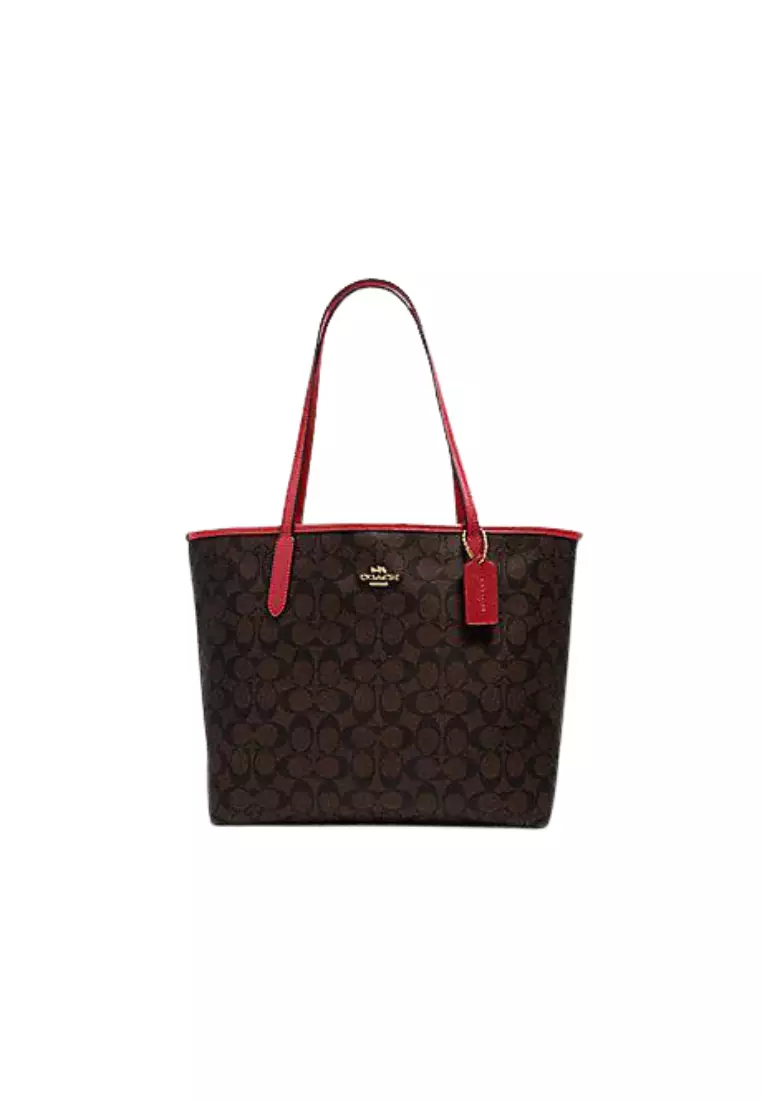 Coach Coach Signature City 5696 Tote Bag In Brown 1941 Red