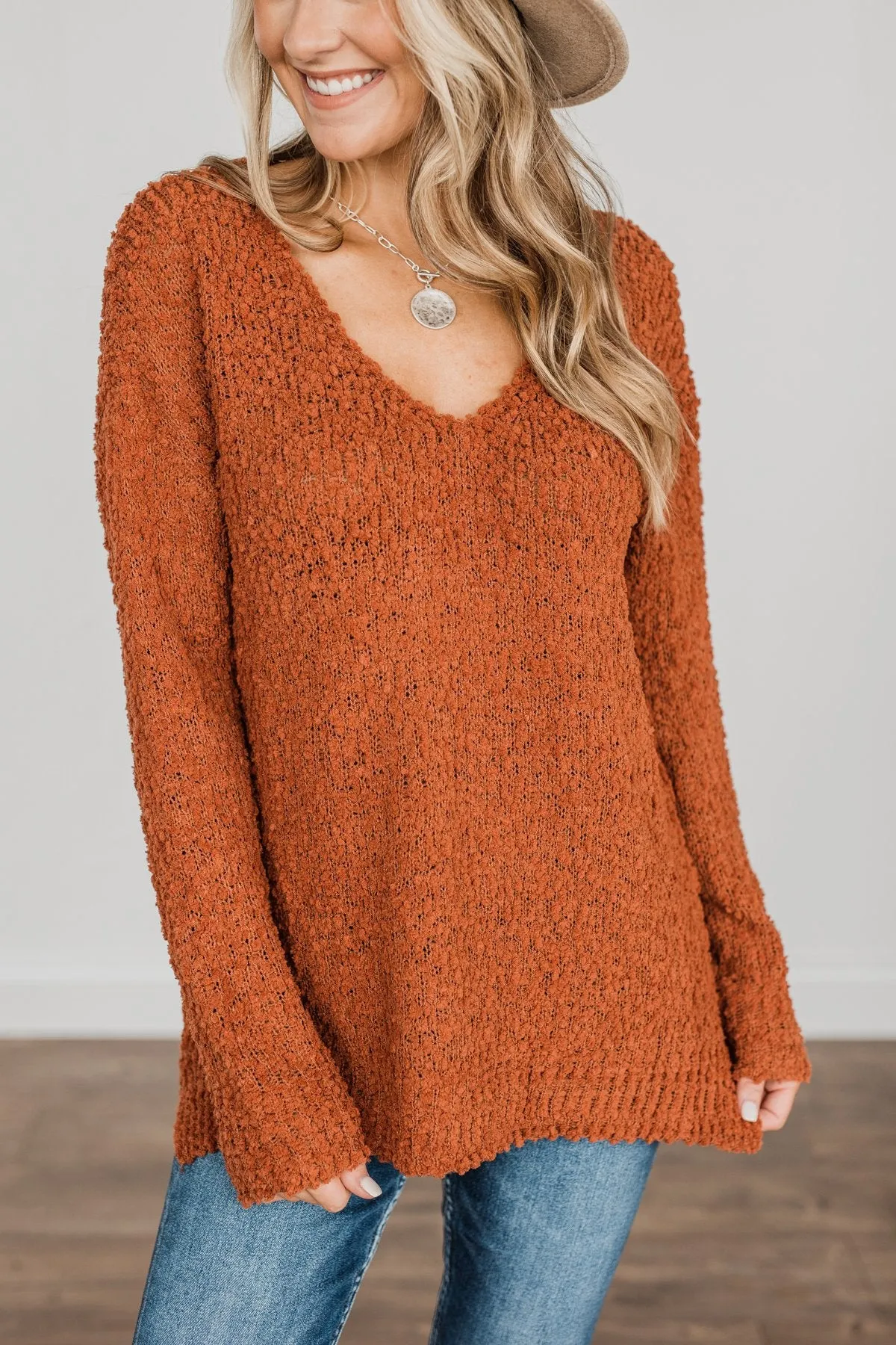 Conquer The Cold Popcorn Knit Sweater- Rust