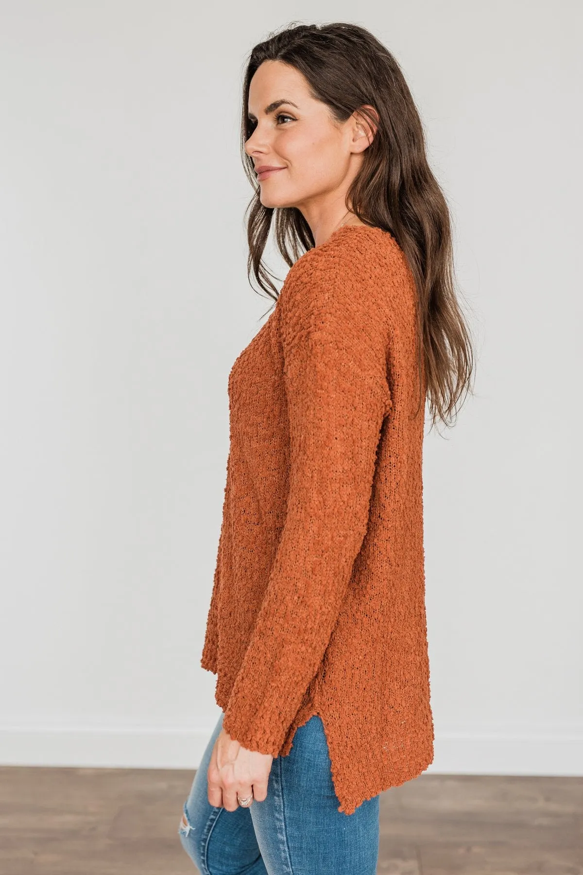 Conquer The Cold Popcorn Knit Sweater- Rust