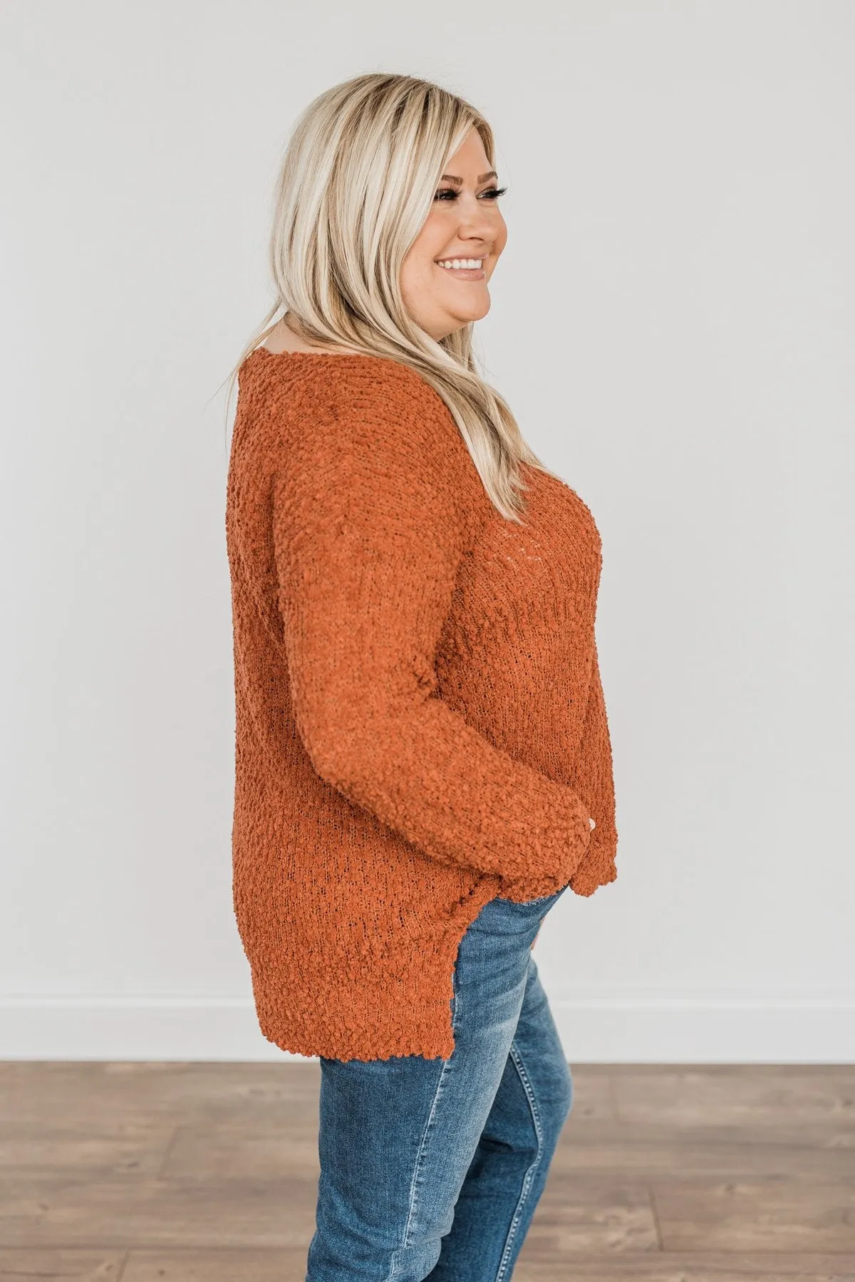 Conquer The Cold Popcorn Knit Sweater- Rust