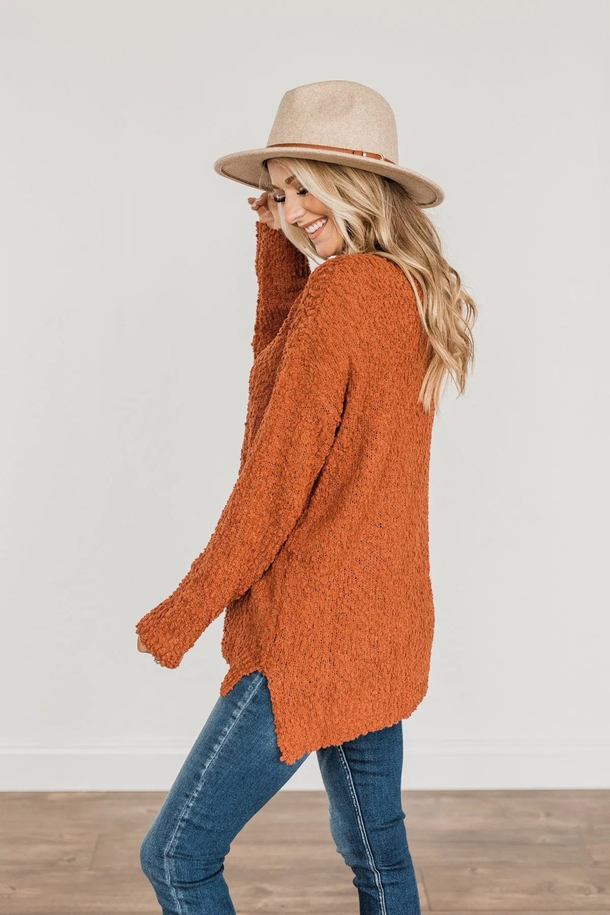 Conquer The Cold Popcorn Knit Sweater- Rust