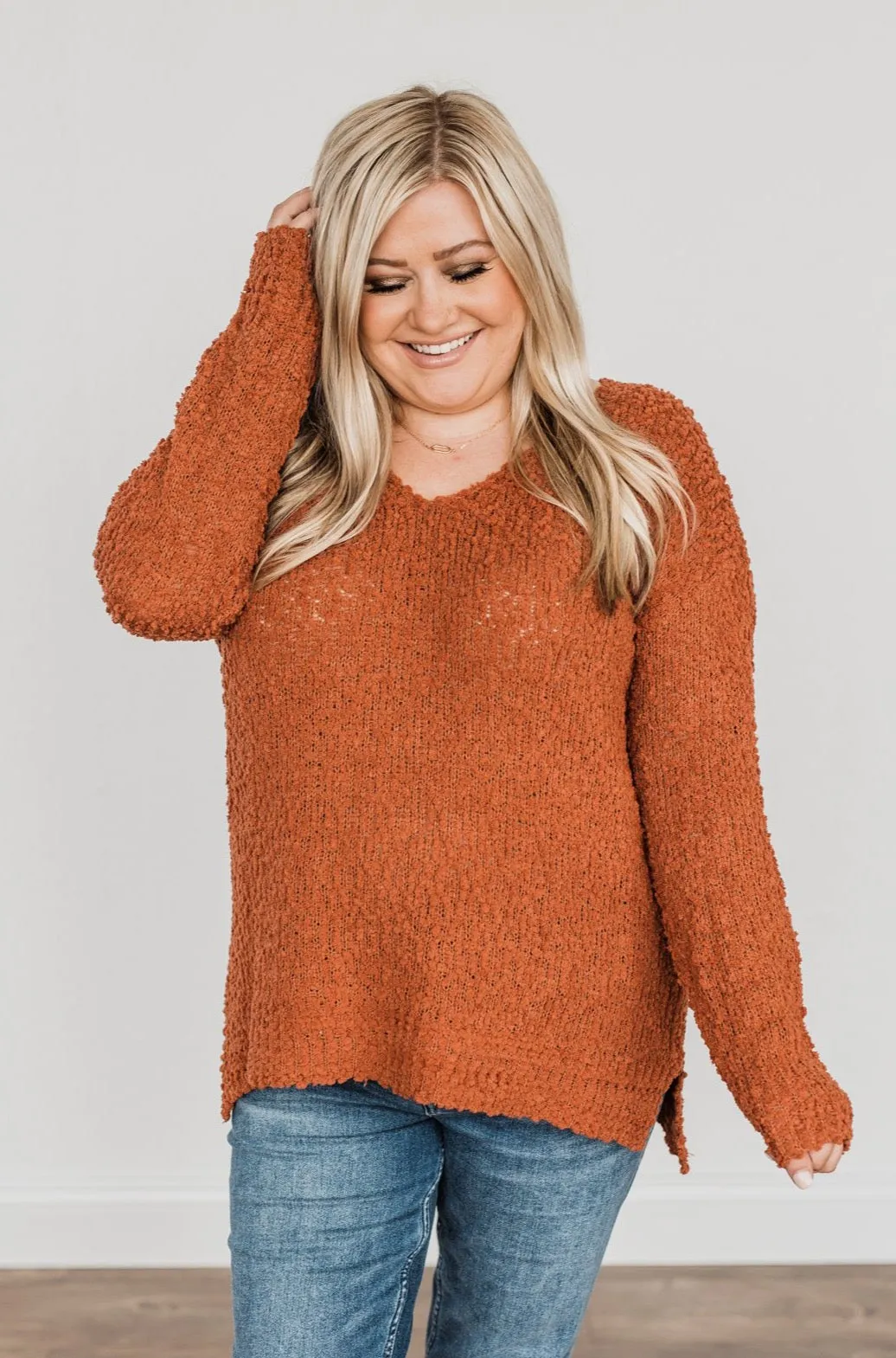 Conquer The Cold Popcorn Knit Sweater- Rust