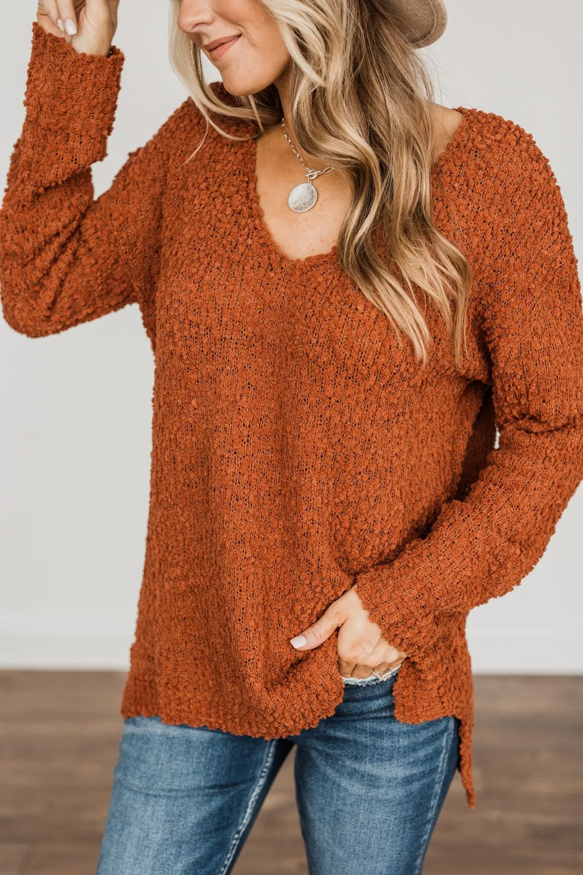 Conquer The Cold Popcorn Knit Sweater- Rust