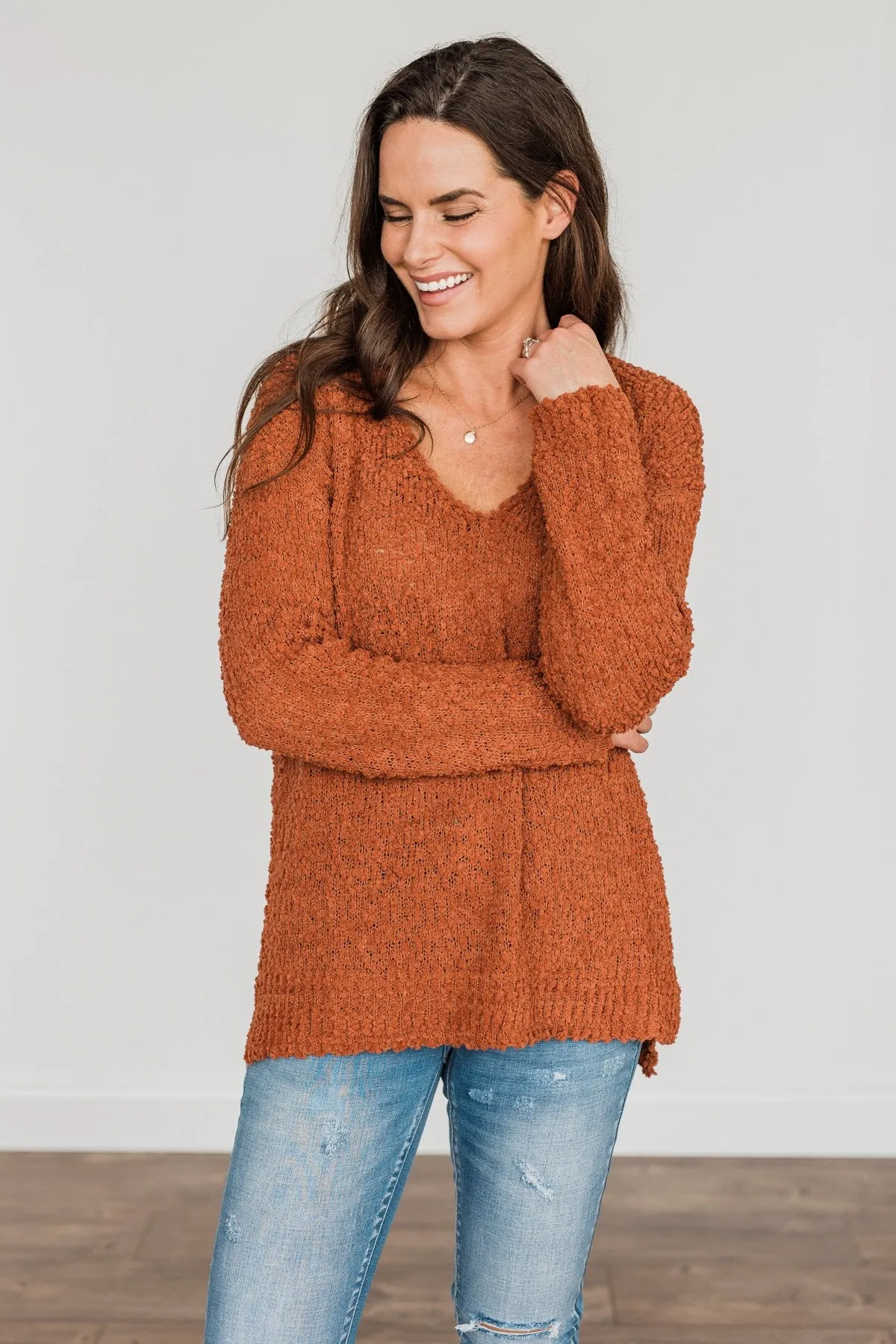 Conquer The Cold Popcorn Knit Sweater- Rust