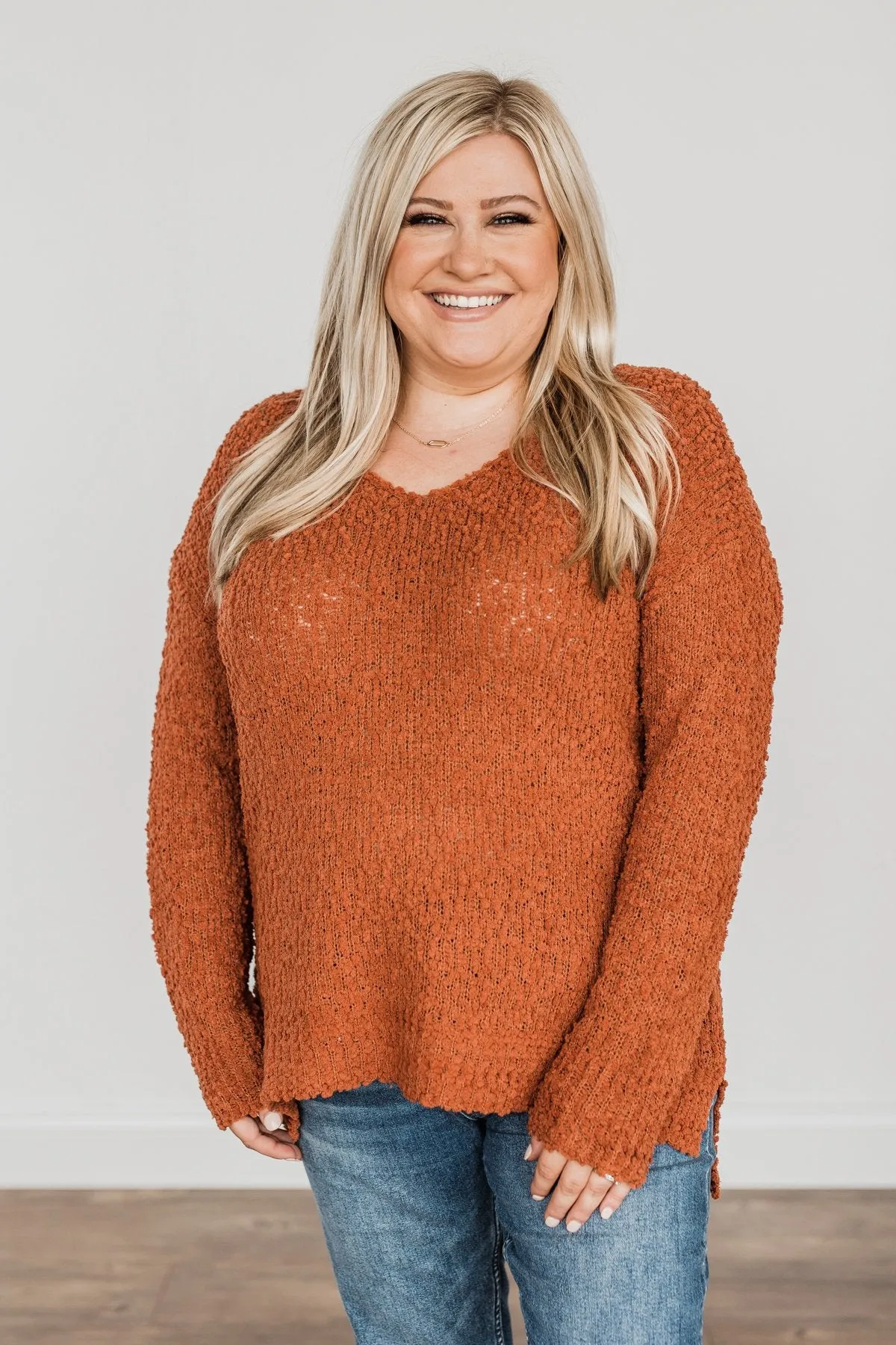 Conquer The Cold Popcorn Knit Sweater- Rust