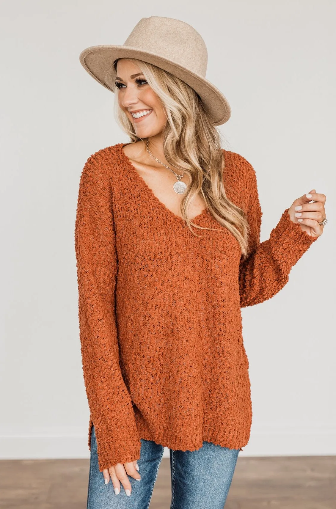 Conquer The Cold Popcorn Knit Sweater- Rust