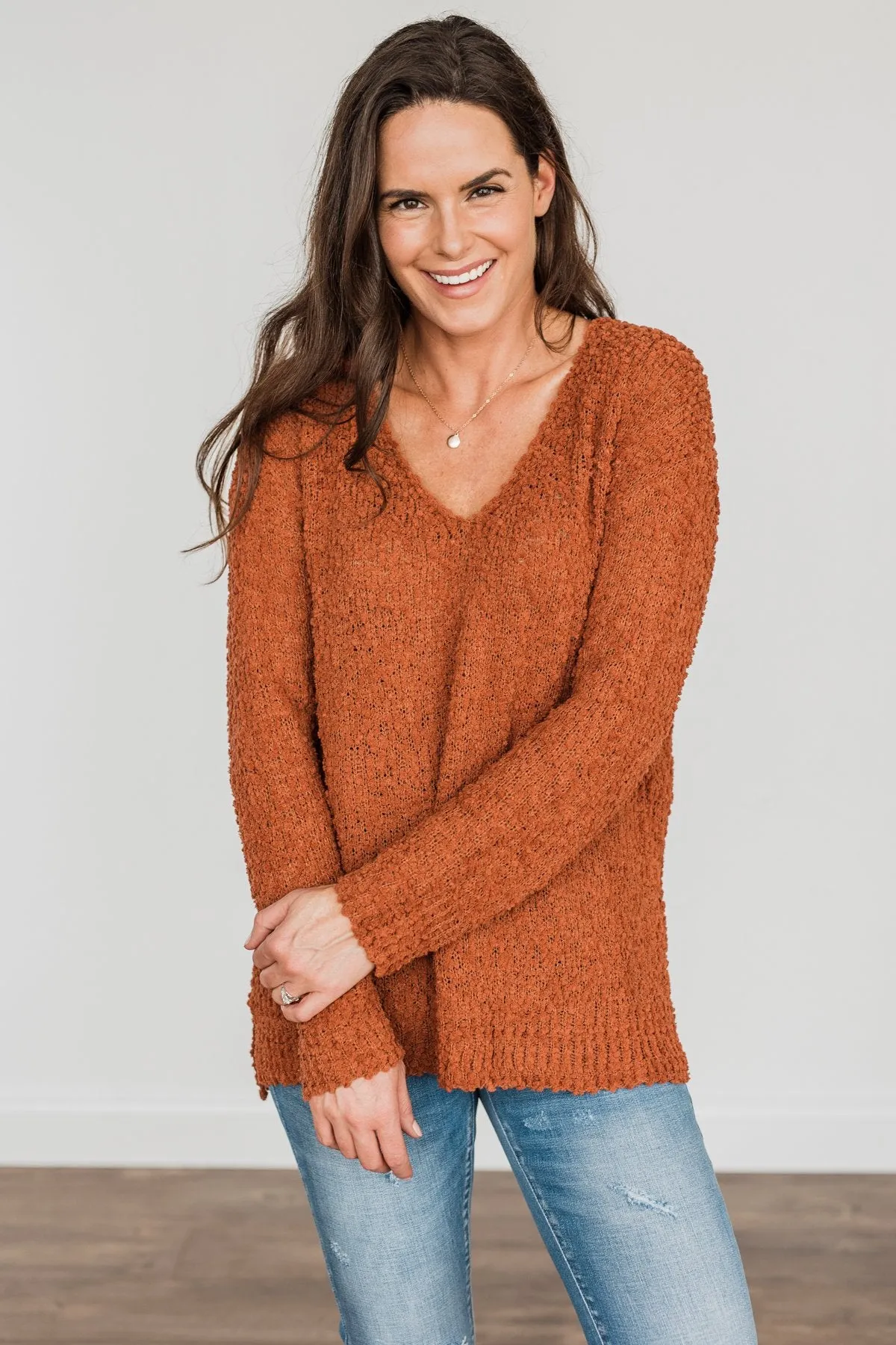 Conquer The Cold Popcorn Knit Sweater- Rust