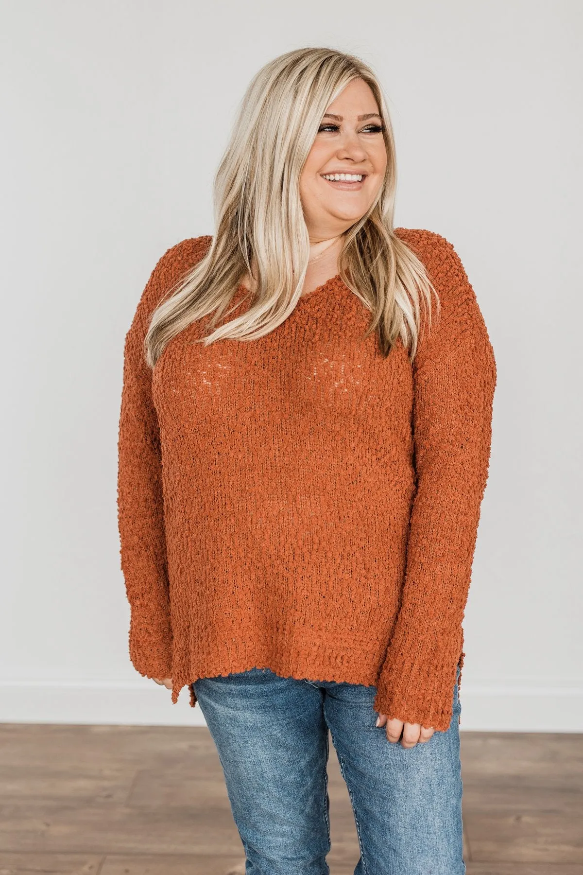 Conquer The Cold Popcorn Knit Sweater- Rust