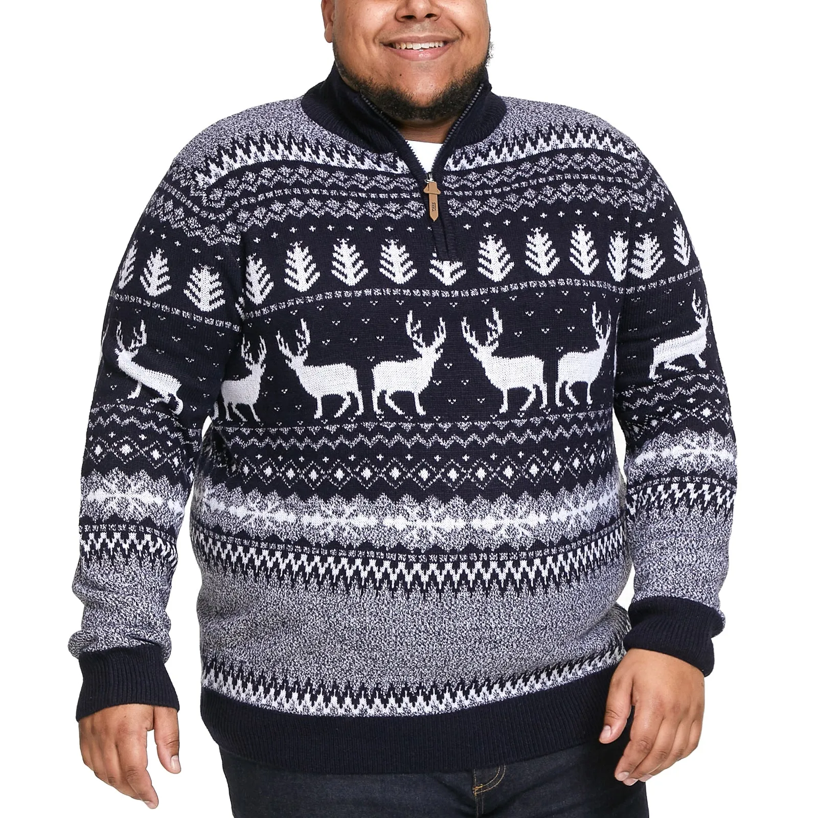 D555 Mens Prancer Big Tall Half Zip Stag Xmas Sweater - Navy