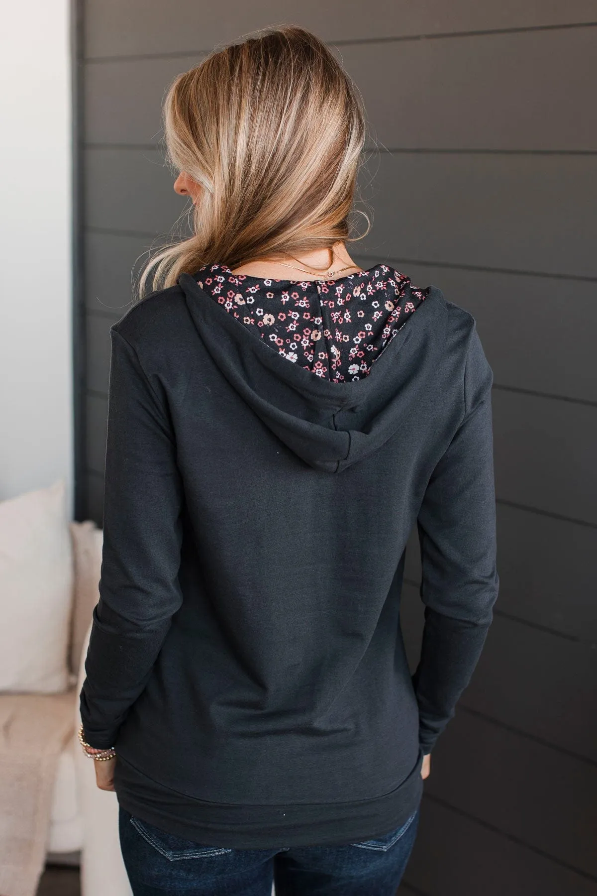 Easy To Love Quarter Zip Hoodie- Black Floral