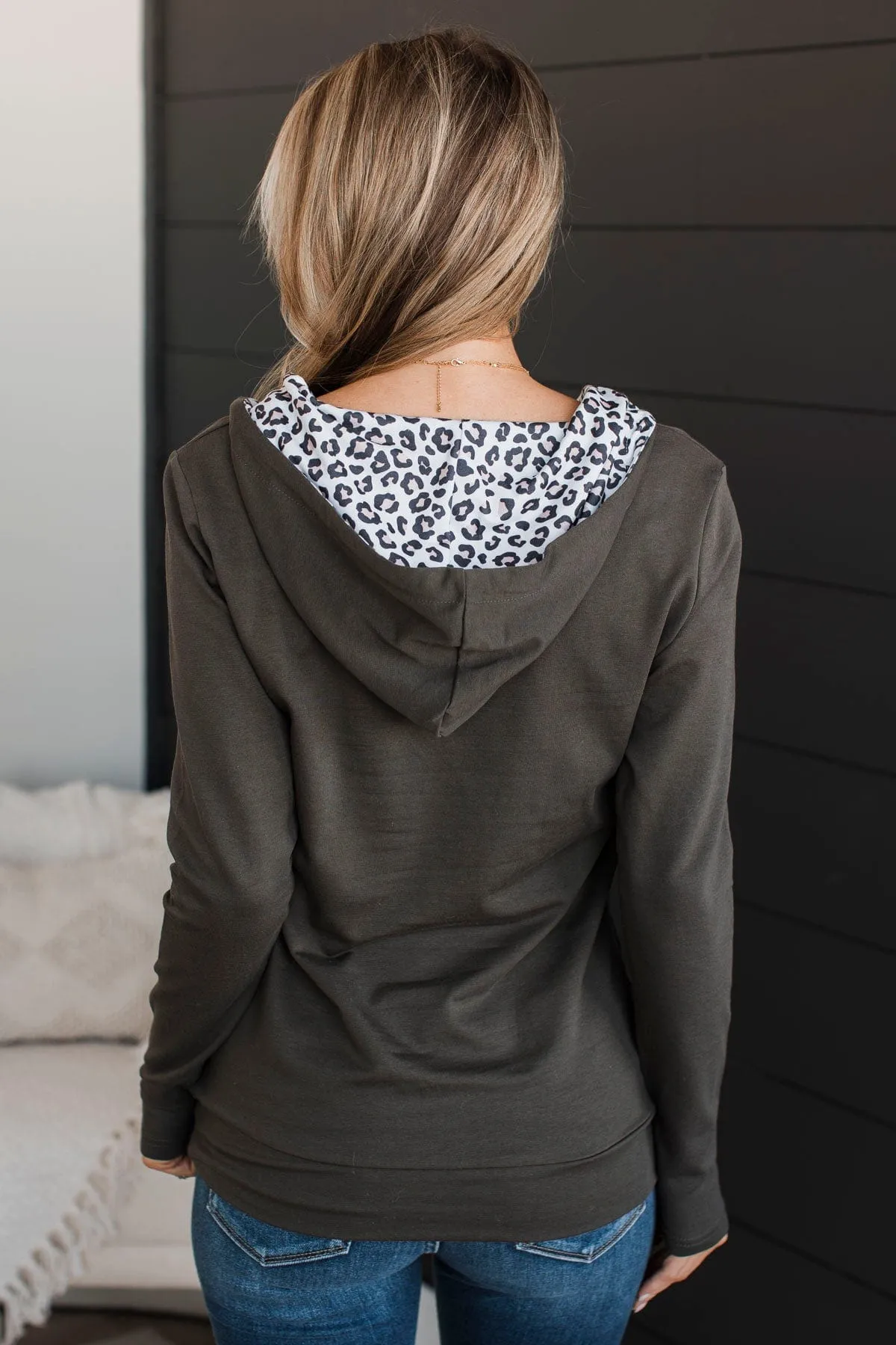 Easy To Love Quarter Zip Hoodie- Charcoal Leopard