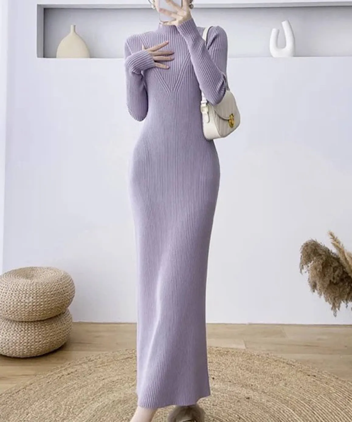 High Neck Knitted Maxi Slim Dress