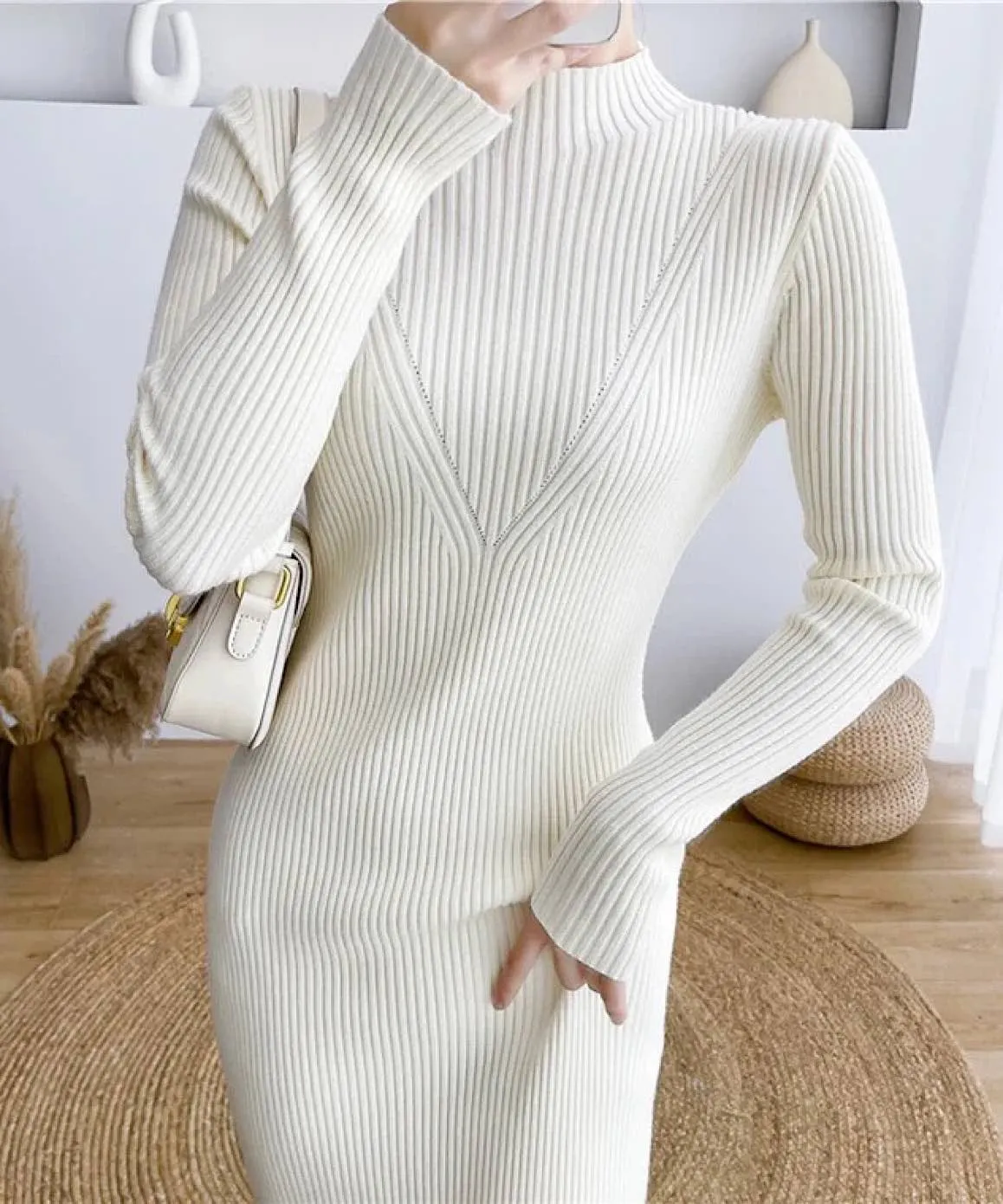 High Neck Knitted Maxi Slim Dress