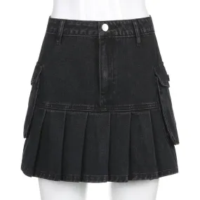 High Waist Jean Skirts Denim Pleated Skirts with Big Pockets Outfit