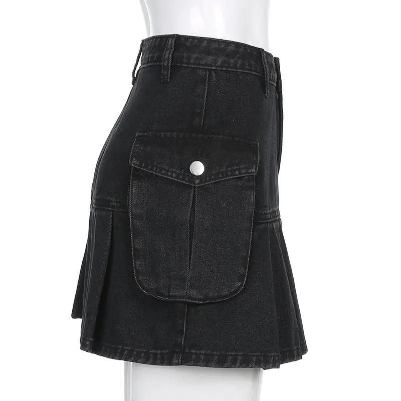 High Waist Jean Skirts Denim Pleated Skirts with Big Pockets Outfit