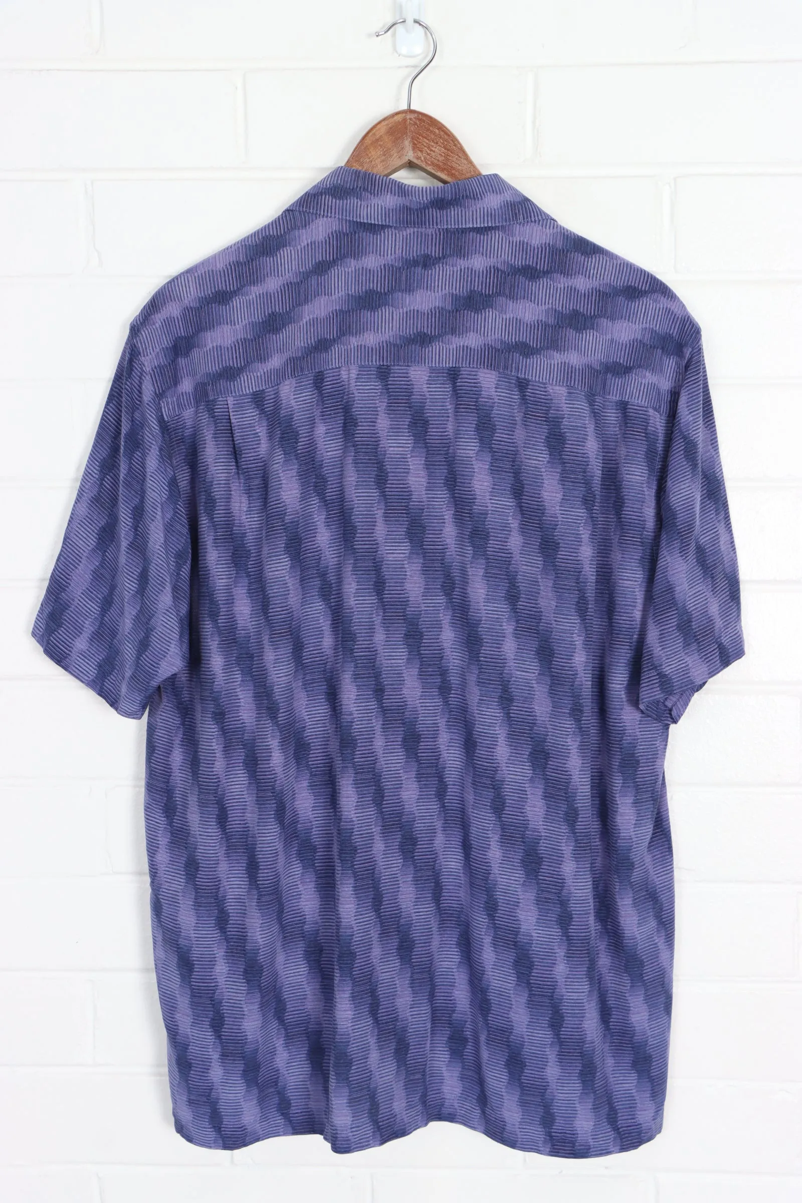 JHANE BARNES Purple Navy Geometric Print Short Sleeve Silk Shirt (L)