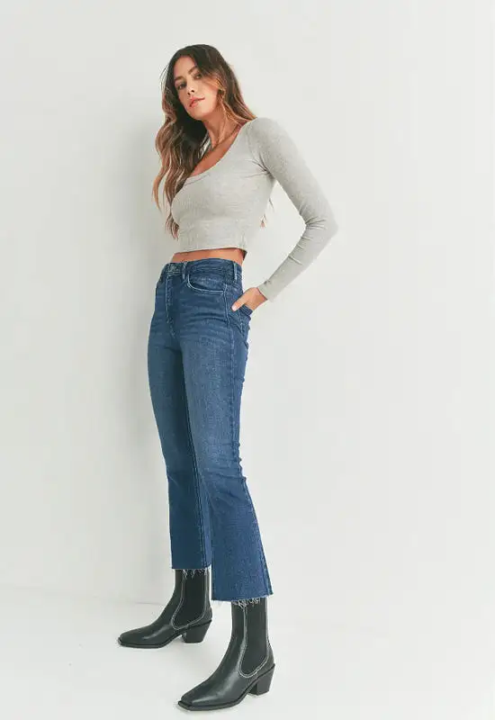 Just Black - High Rise Tonal Crop Flare Jeans Dark Denim