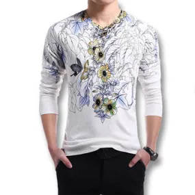 Men Sweaters and Pullovers Men's Casual Slim Fit Large Size Long Sleeved Knitted Wool Floral Sweaters Pullovers Men SM6