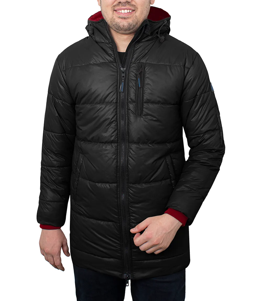 Men's 3/4 Length Black Hooded Parka Jacket - Puffer Style