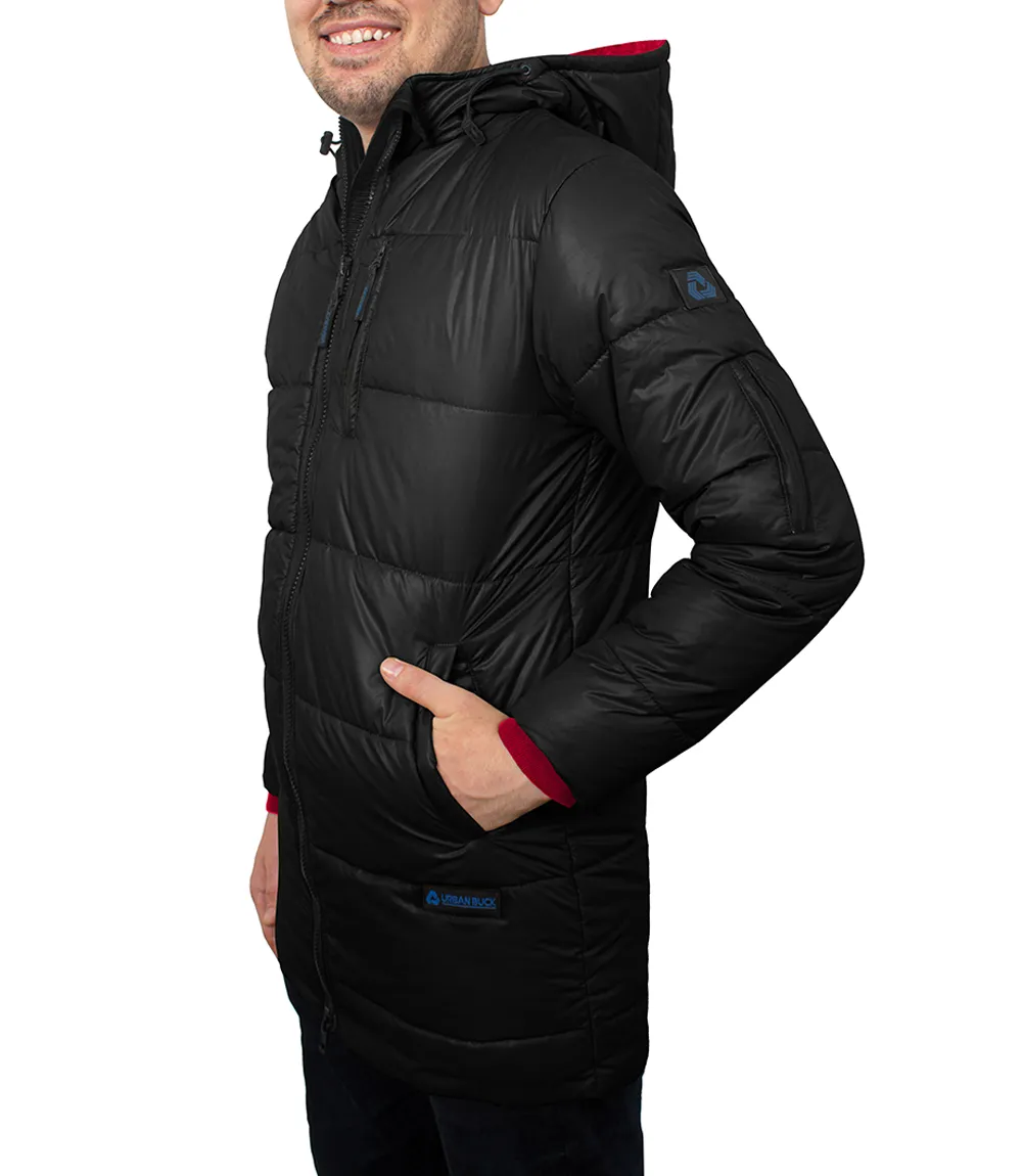 Men's 3/4 Length Black Hooded Parka Jacket - Puffer Style