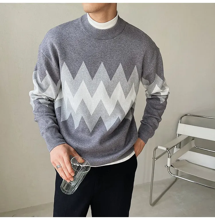 Men's Geometric Pattern Computer Knitted Long Sleeve O-neck Pullover Sweater