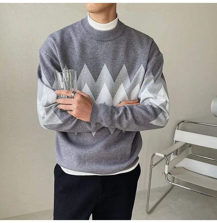 Men's Geometric Pattern Computer Knitted Long Sleeve O-neck Pullover Sweater