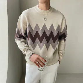 Men's Geometric Pattern Computer Knitted Long Sleeve O-neck Pullover Sweater