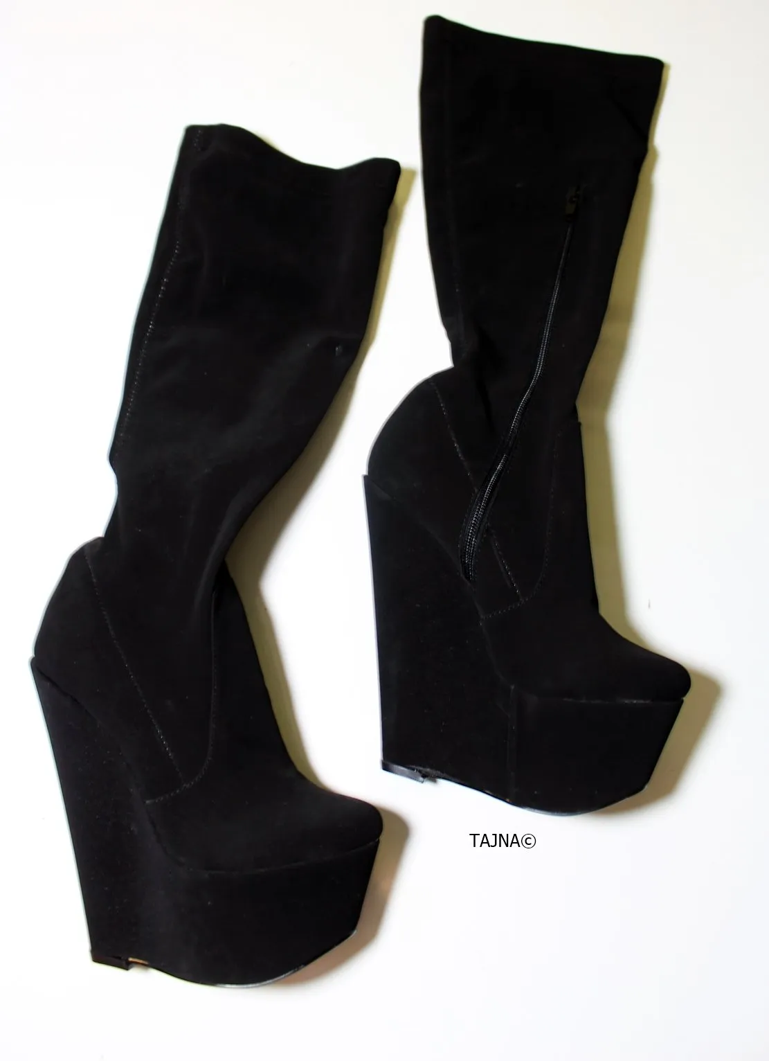 Mid Calf Black Strech Wedge Boots